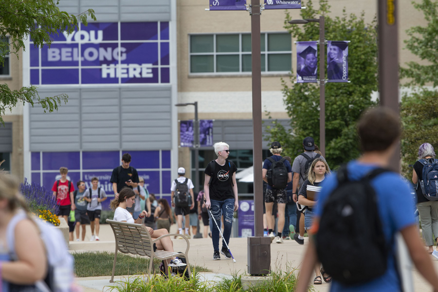 Students walk outside the University Center on the first day of classes.