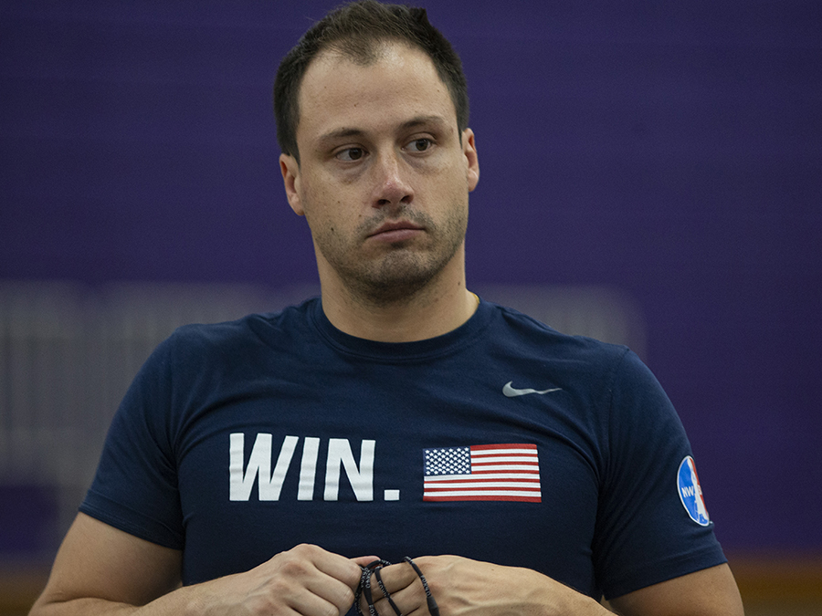 Jake Williams wearing a shirt that says WIN with an American flag.