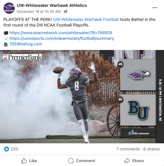 A screenshot of a Facebook post showing a Warhawk Football player and a PremierBank logo.