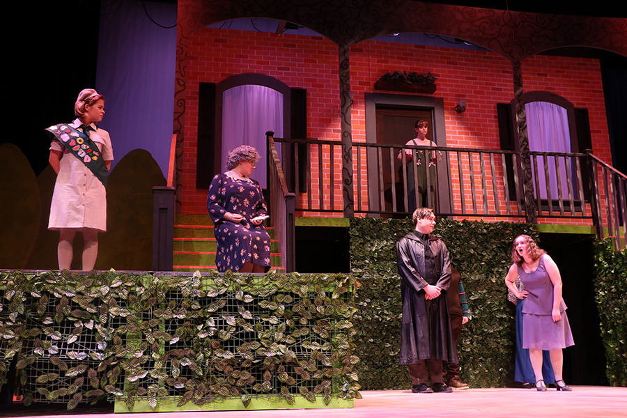 Meg Hayes performs on stage with three other people, the stage is the porch of a house and bushes in front. 