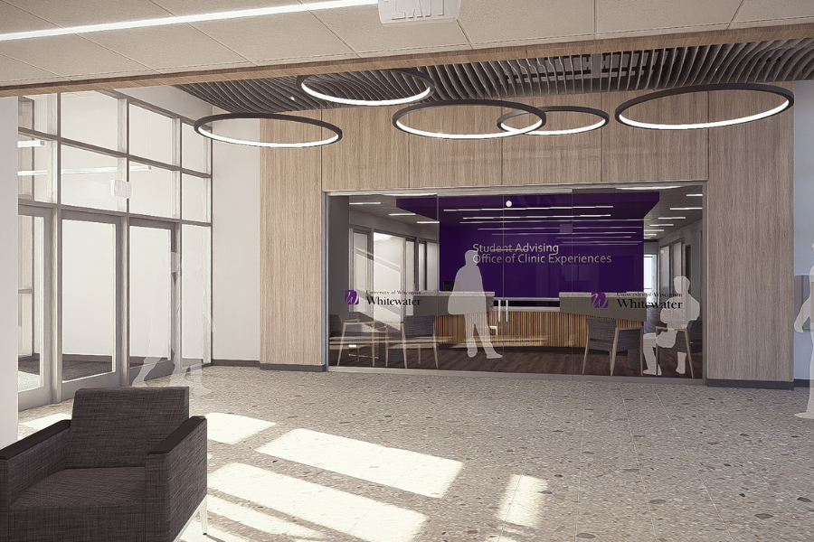 Photo of the lobby that will be in Winther at UW-Whitewater.
