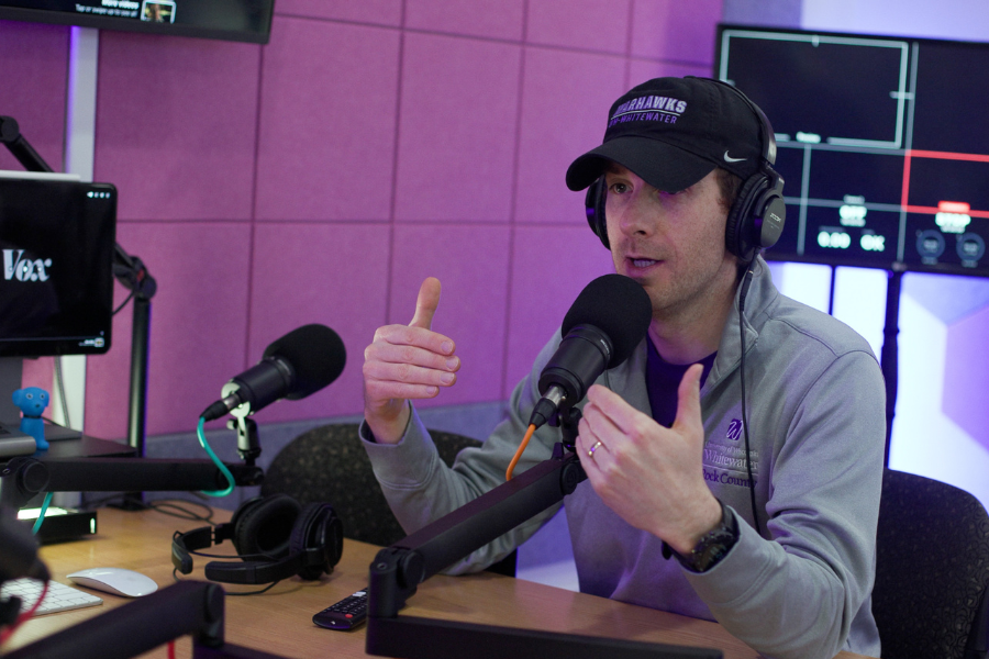 Lecturer Trevor Rees demonstrates how to use the Creative Studio's podcast equipment on the UW-Whitewater at Rock County campus on March 5, 2025.