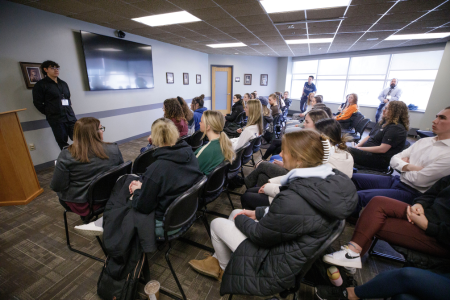Beto speaks to others at the University Center.