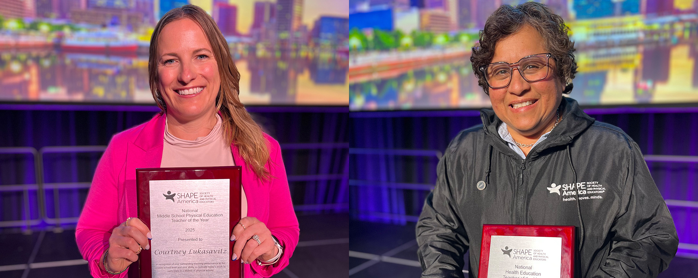 Photo of two teachers holding awards.