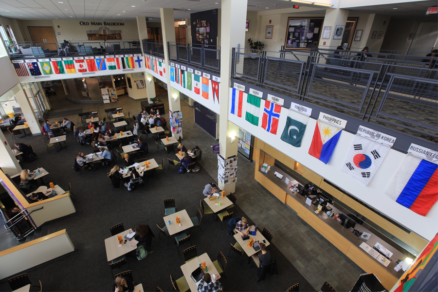 Flags of many different countries hang inside campus building while students sit at tables below them.