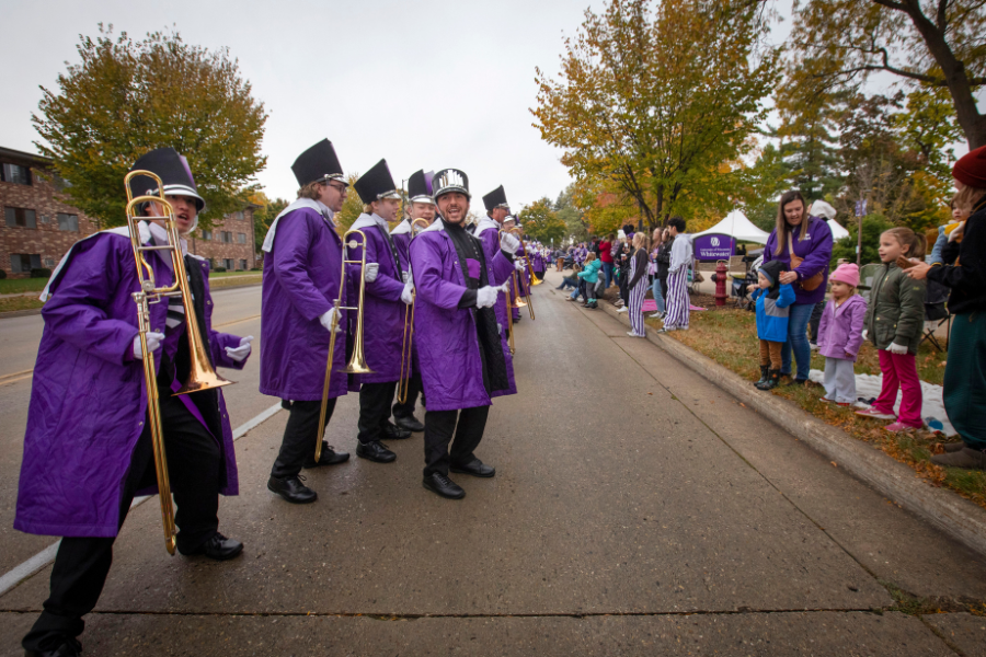 Marching band dances at the Homecoming parade. 