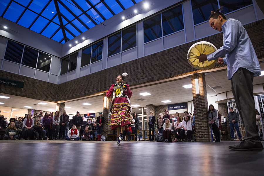 Dancer Sophia Ford and singer Brennen Potack perform an Ojibwe healing dance during the Stolen Sisters opening.
