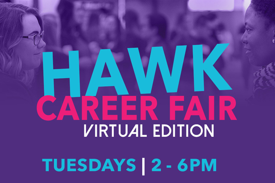 Career fair graphic on a purple background.