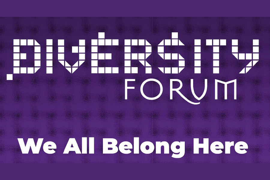 Purple background, white words say Diversity Forum.