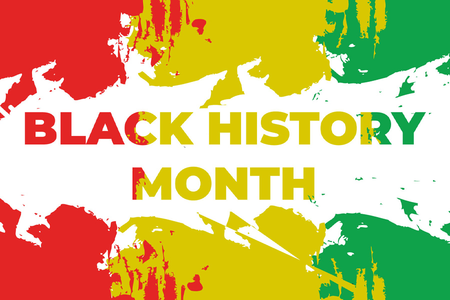 Black History Month graphic written in red, yellow and green.