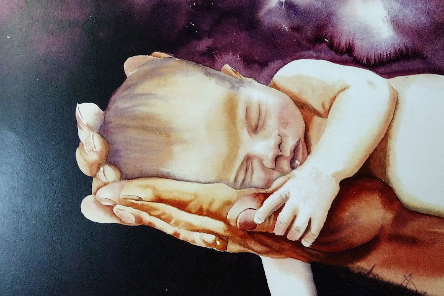 A painting of a baby laying in a person's hands.