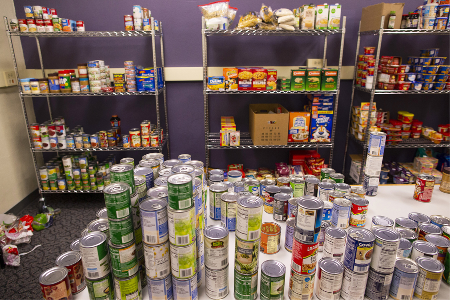 Shelves with canned food at the Warhawk Pantry.