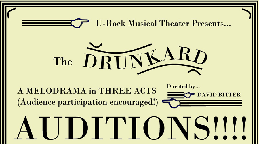 The Drunkard Auditions on a yellow background.