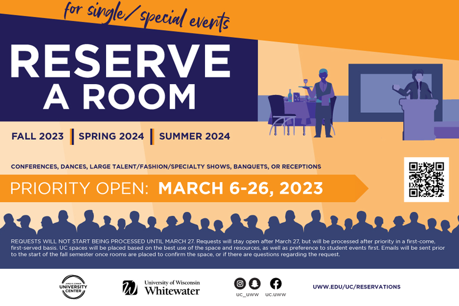 Graphic that says reserve a room on an orange background.