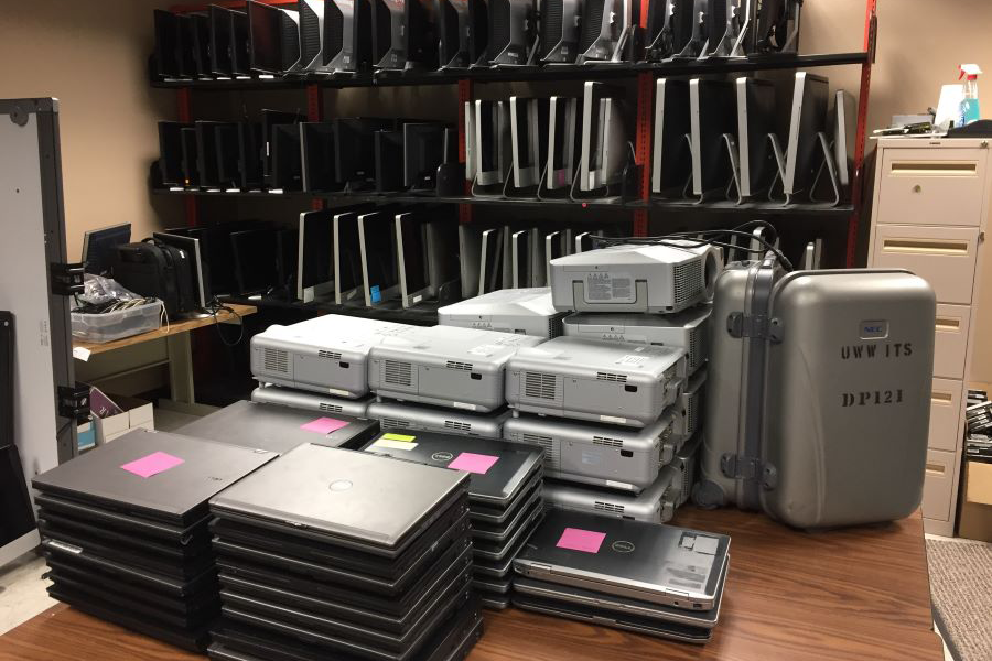 A room full of surplus technology equipment.