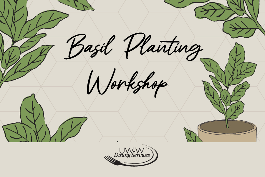 Basil Planting workshop graphic with plants and beige background.