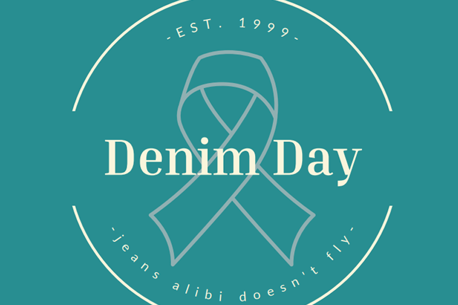 Denim Day graphic with blue-green background.