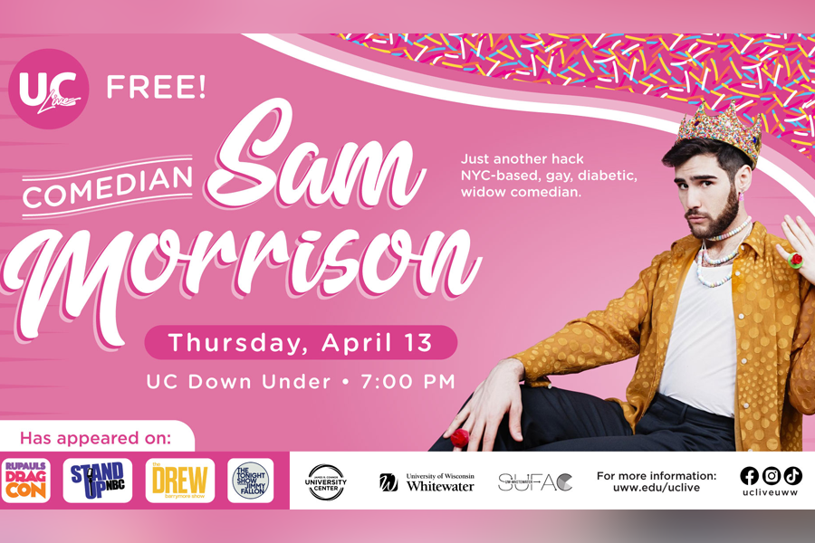 Sam Morrison graphic with pink background.