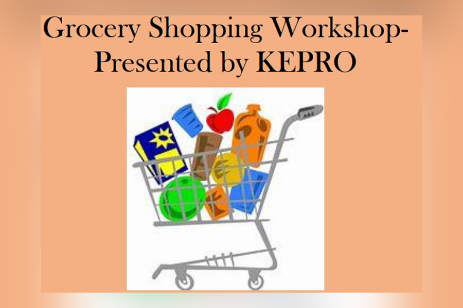 Grocery cart for shopping graphic with orange background.