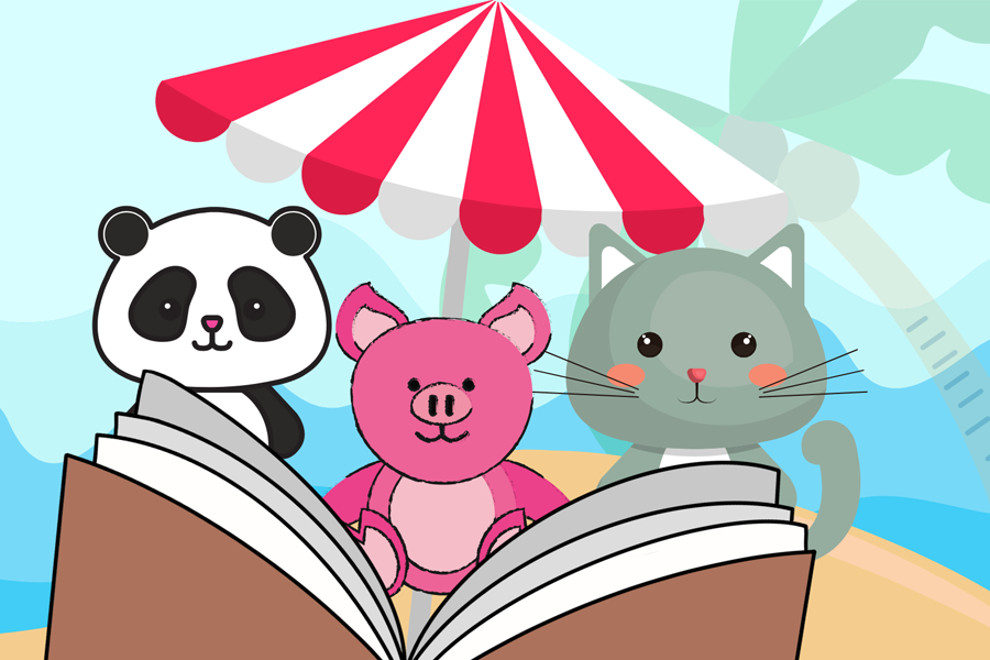 Animated animals reading a book.