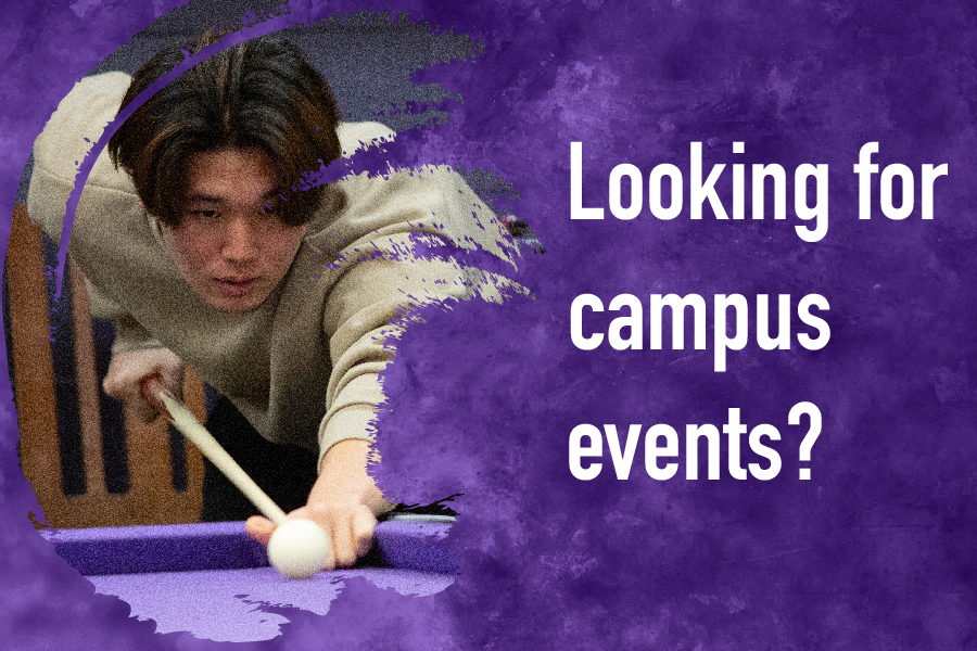 Student playing pool image with a purple background.