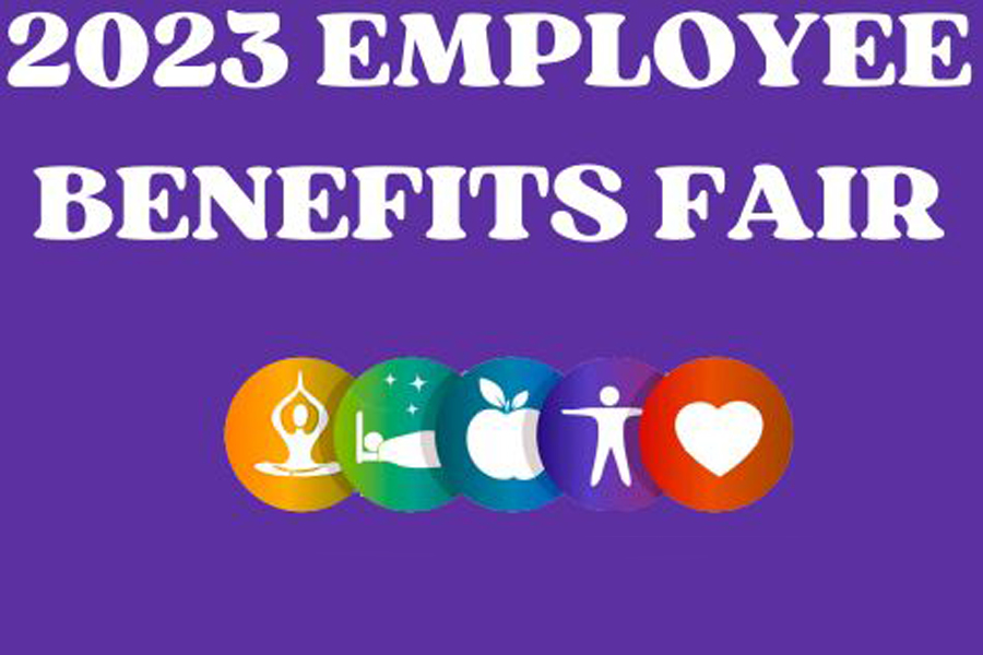 Employee benefits fair graphic with purple background. 