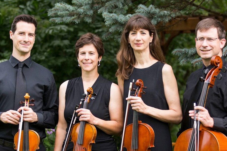 Image of four people holding violins.