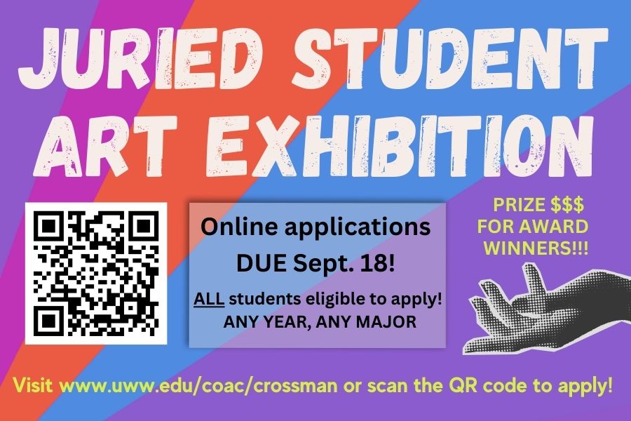 Juried student art exhibition graphic with orange, blue, and purple background.
