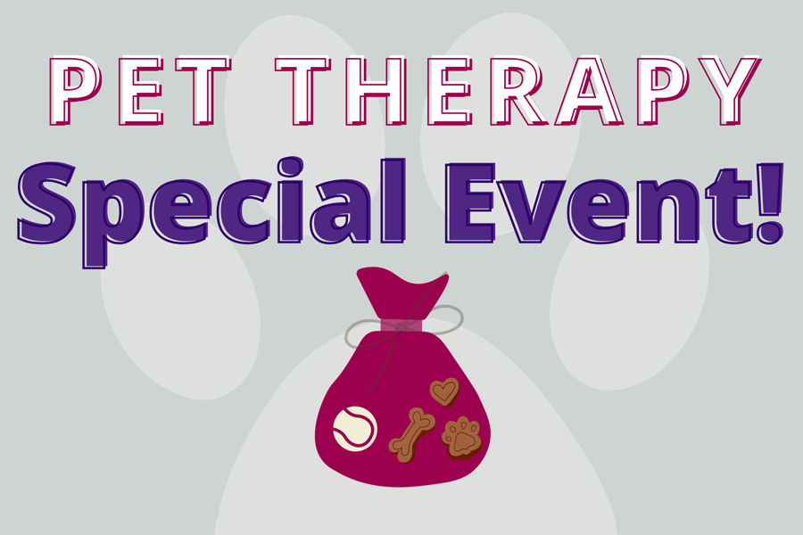 Pet therapy special event graphic with grey background.