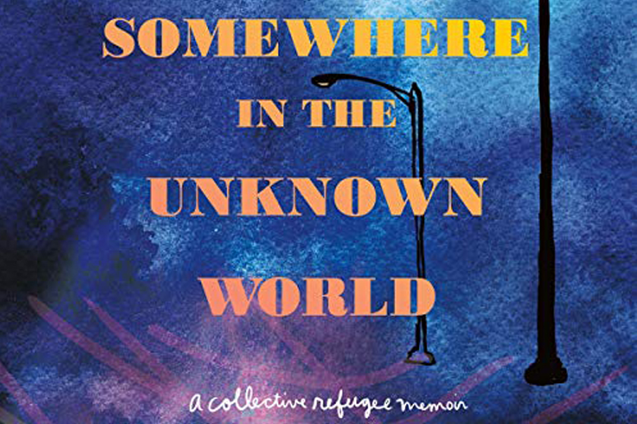 Somewhere in the unknown world graphic with blue background.