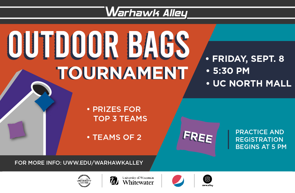 Outdoor bags tournament graphic with orange and blue background.