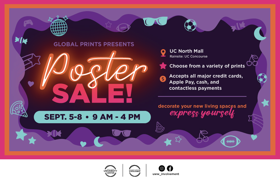 Poster sale graphic with a purple background.
