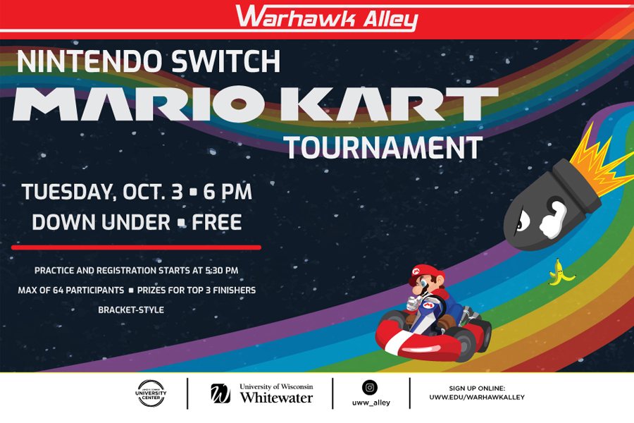 Mario Kart tournament graphic with rainbow behind. 