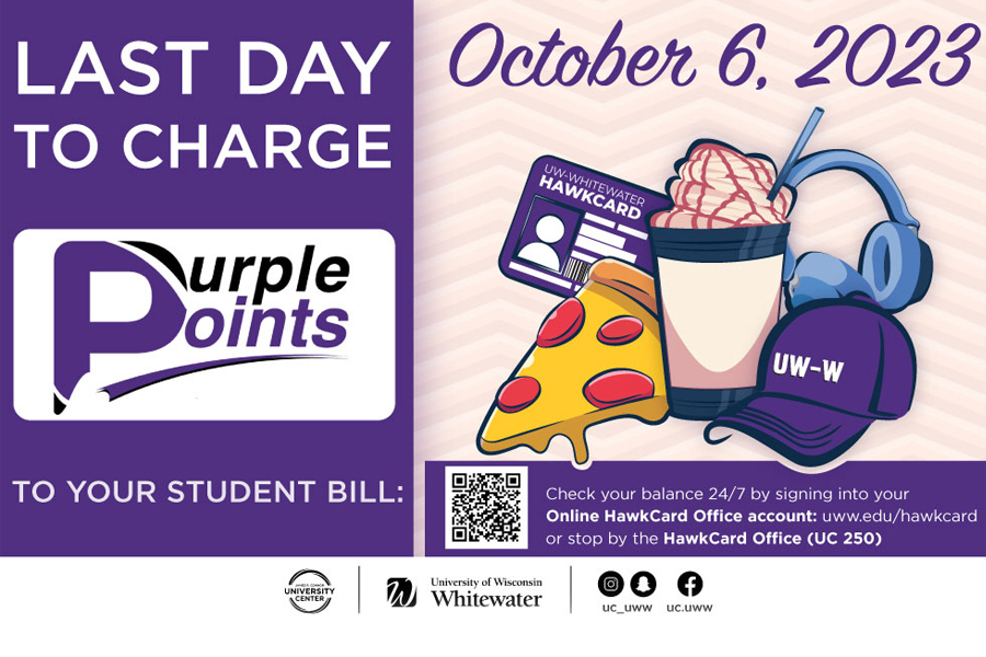 Last day to charge purple points to studedent bill graphic with pizza, headphons, and other student objects.