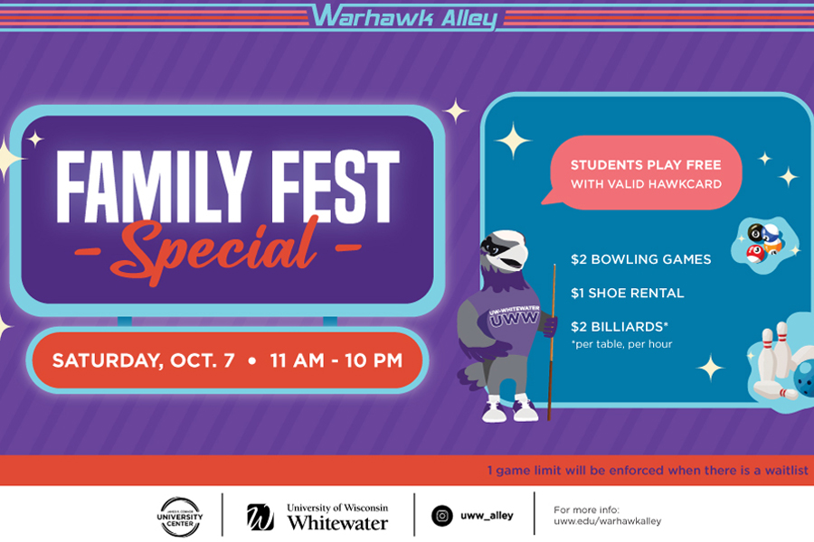 Family Fest Special graphic with purple background and Willie the Warhawk in the middle. 