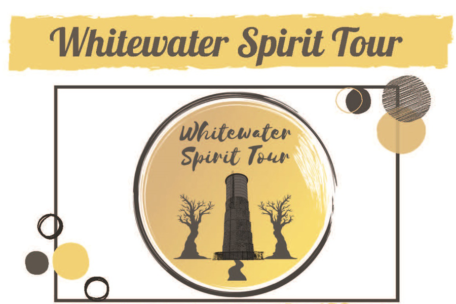 Whitewater Storytelling Festival graphic with trees and a book.