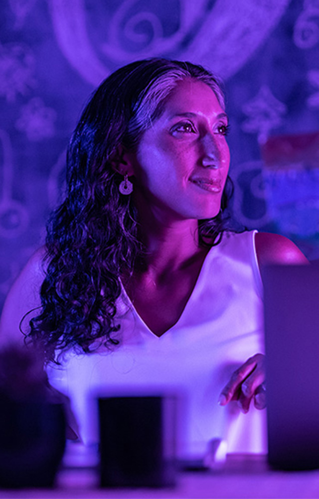 Woman sitting at monitor taking online college class