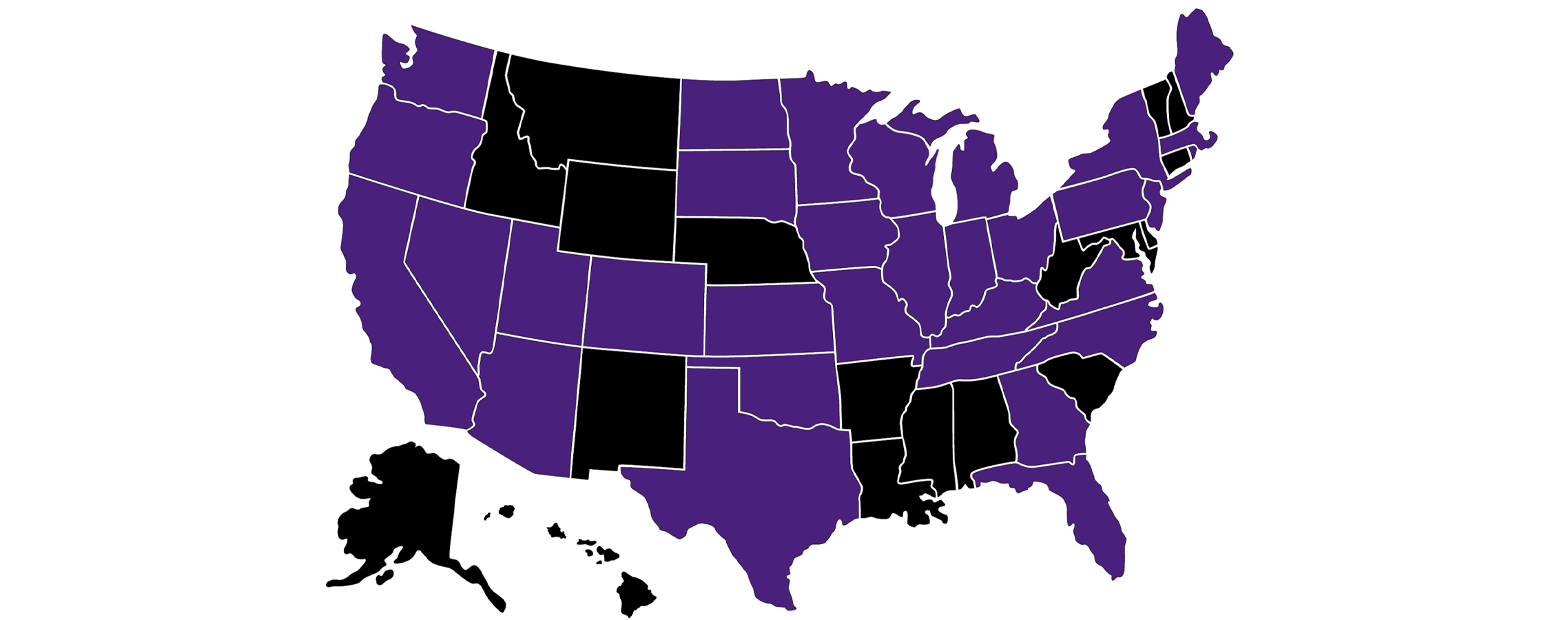 A map of the United States of America with the states filled in with purple or black.
