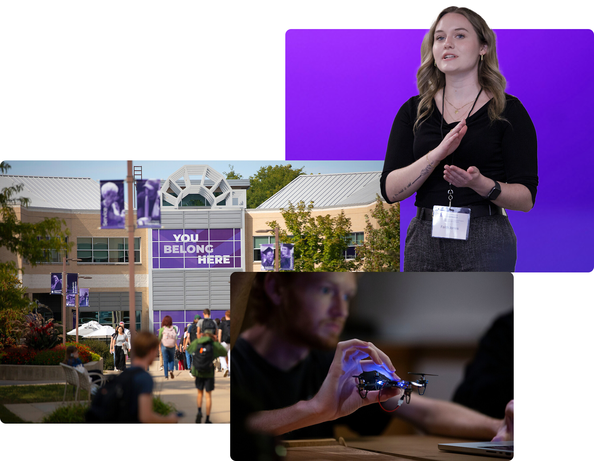 Three photos of students doing research work