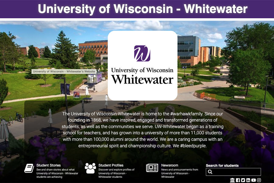 The UW-Whitewater logo covers an outdoor image of campus showing Hyland Hall.
