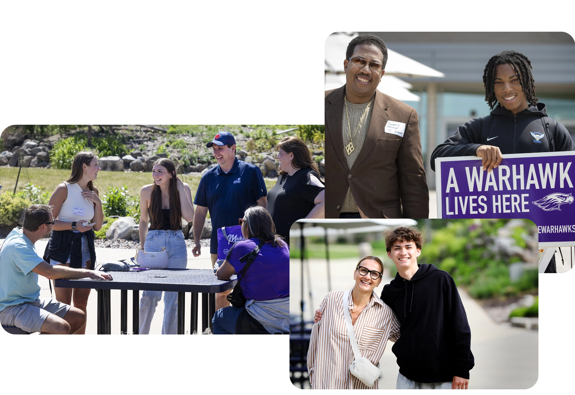 A collage of students on campus with their family members.