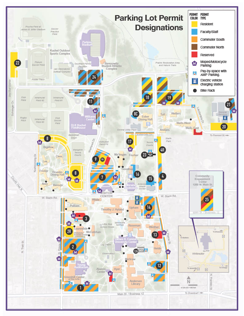 Large map with locations of parking lots on the UW-Whitewater campus. For more information contact parking@uww.edu.