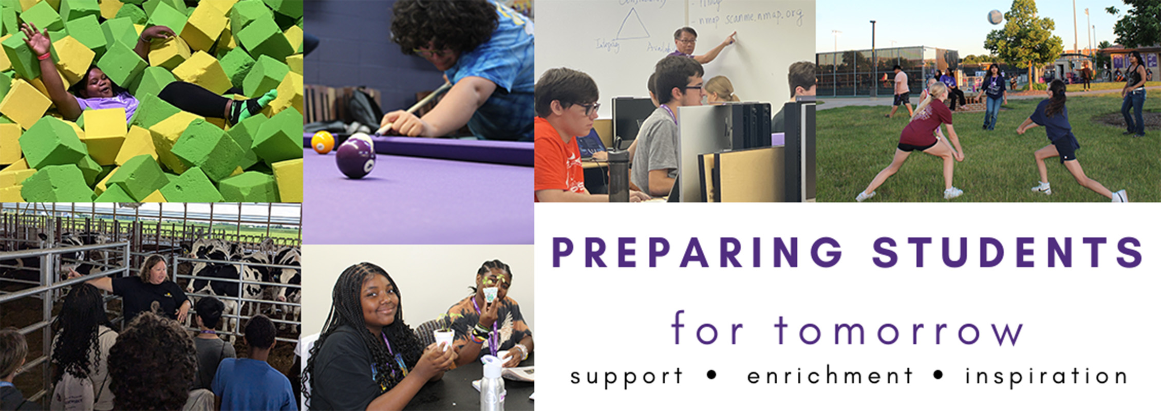 Collage of images - a woman in a foam pit, a person playing pool, students in a classroom, students playing volleyball