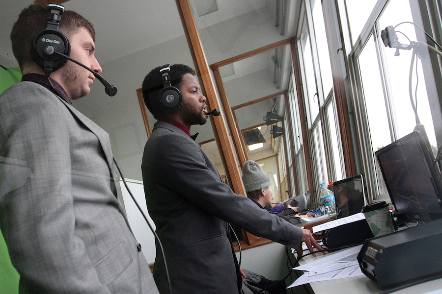 Connor Moore broadcasts a Warhawk's football game 