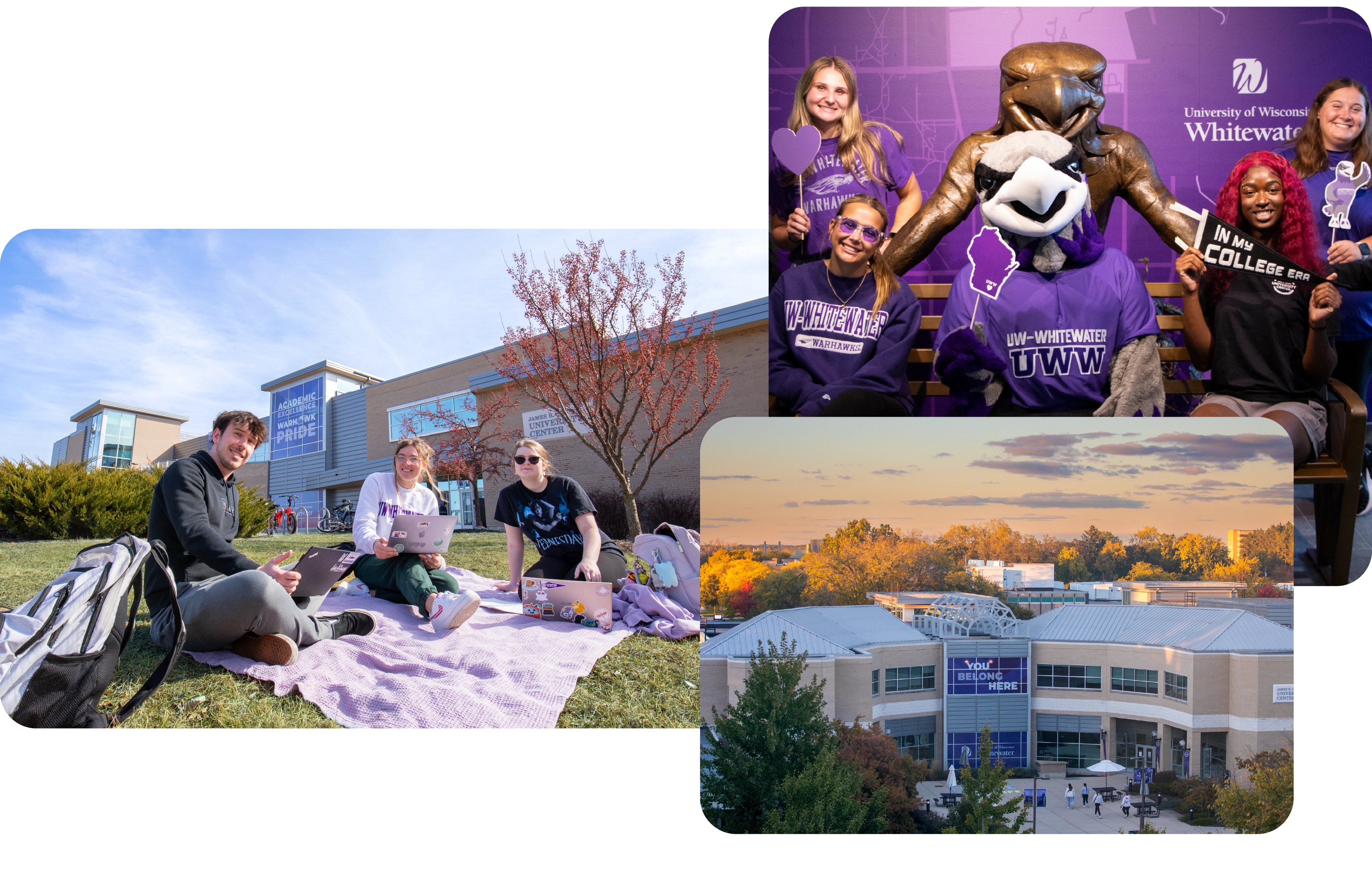 Collage of the University Center, students on the North Mall, and a group of students at Glow Night