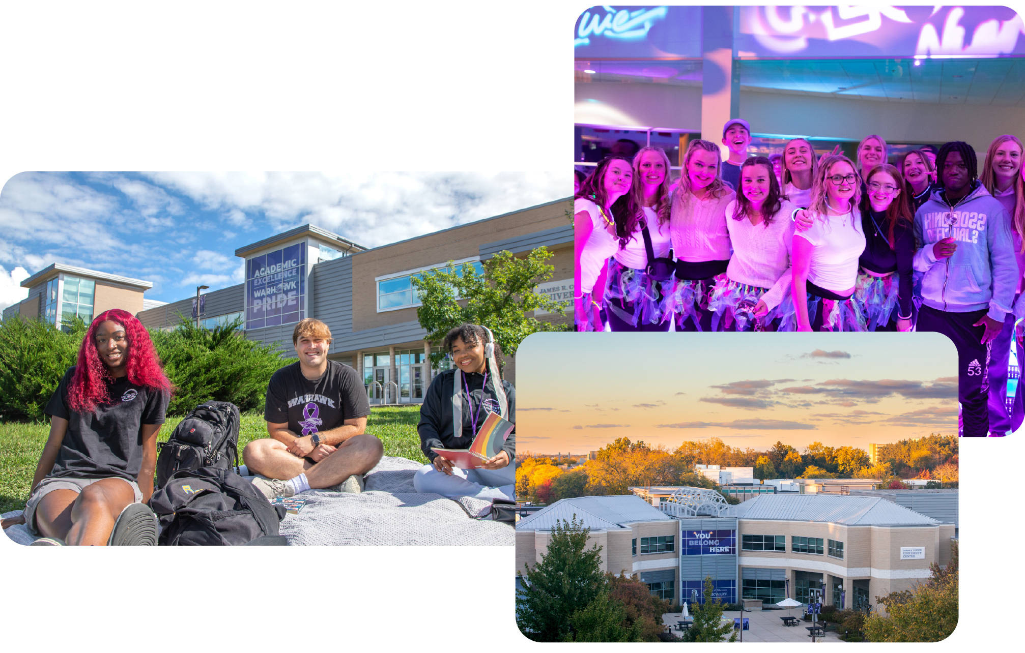 Collage of the University Center, students on the North Mall, and a group of students at Glow Night