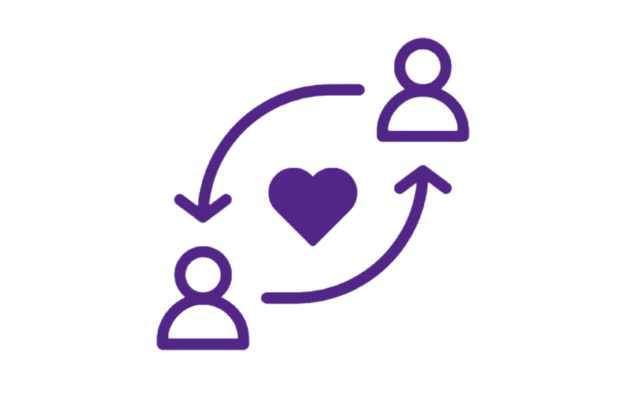 Purple icon of two people with arrows between them with a heart in between them.