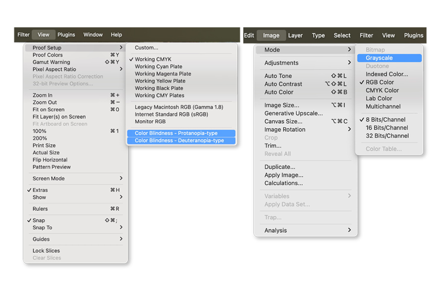 Photoshop color blindness and grayscale dropdown menus.
