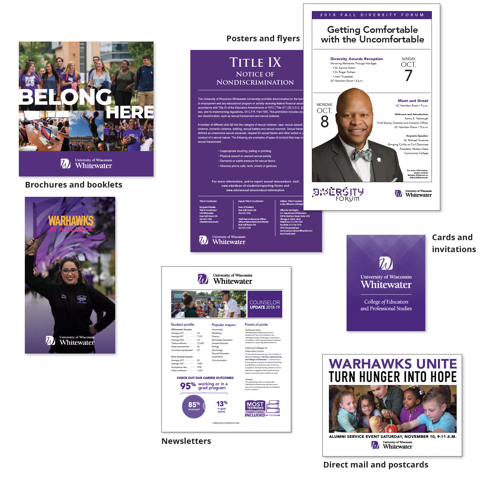 Collage of various UW-Whitewater-branded print materials.