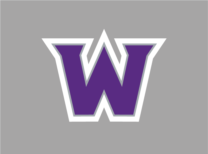 Purple W outlined in white on a gray background.